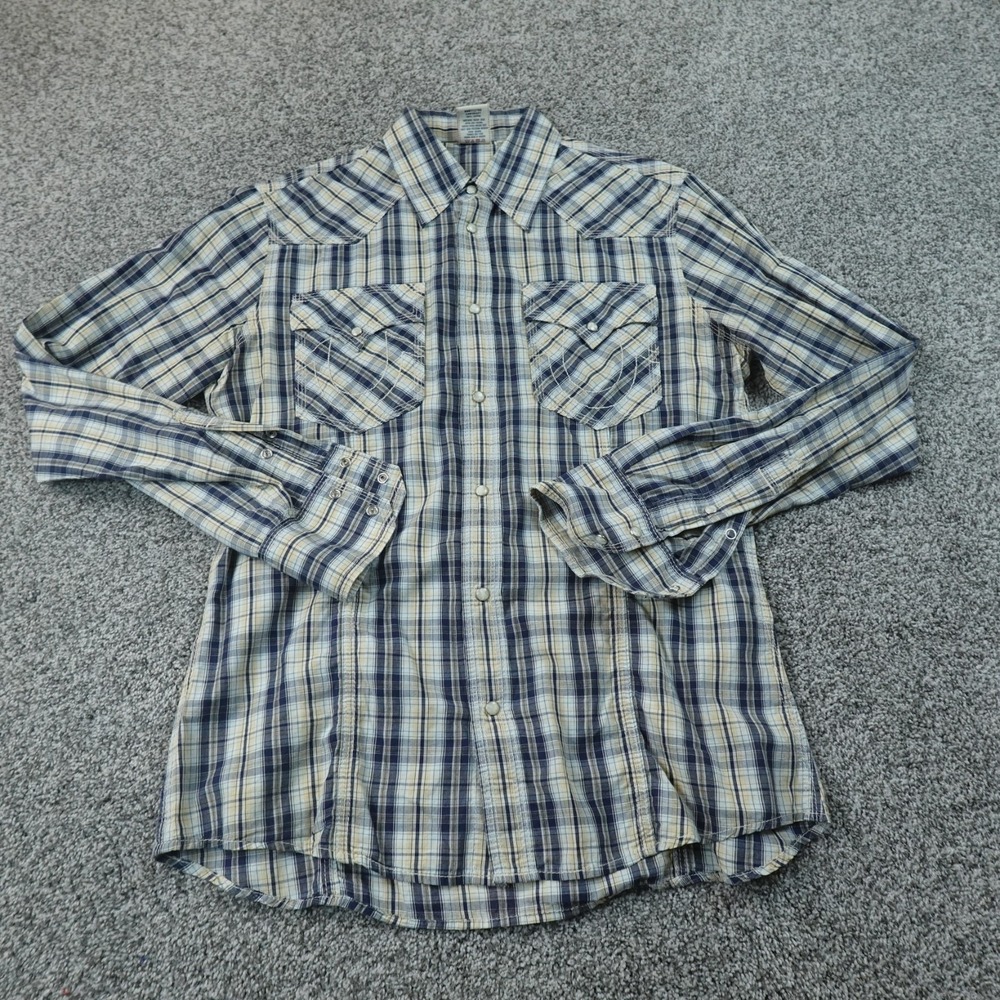 True Religion Shirt Mens L Blue Plaid Western Pearl Snap Long Sleeve Cowboy Y2K